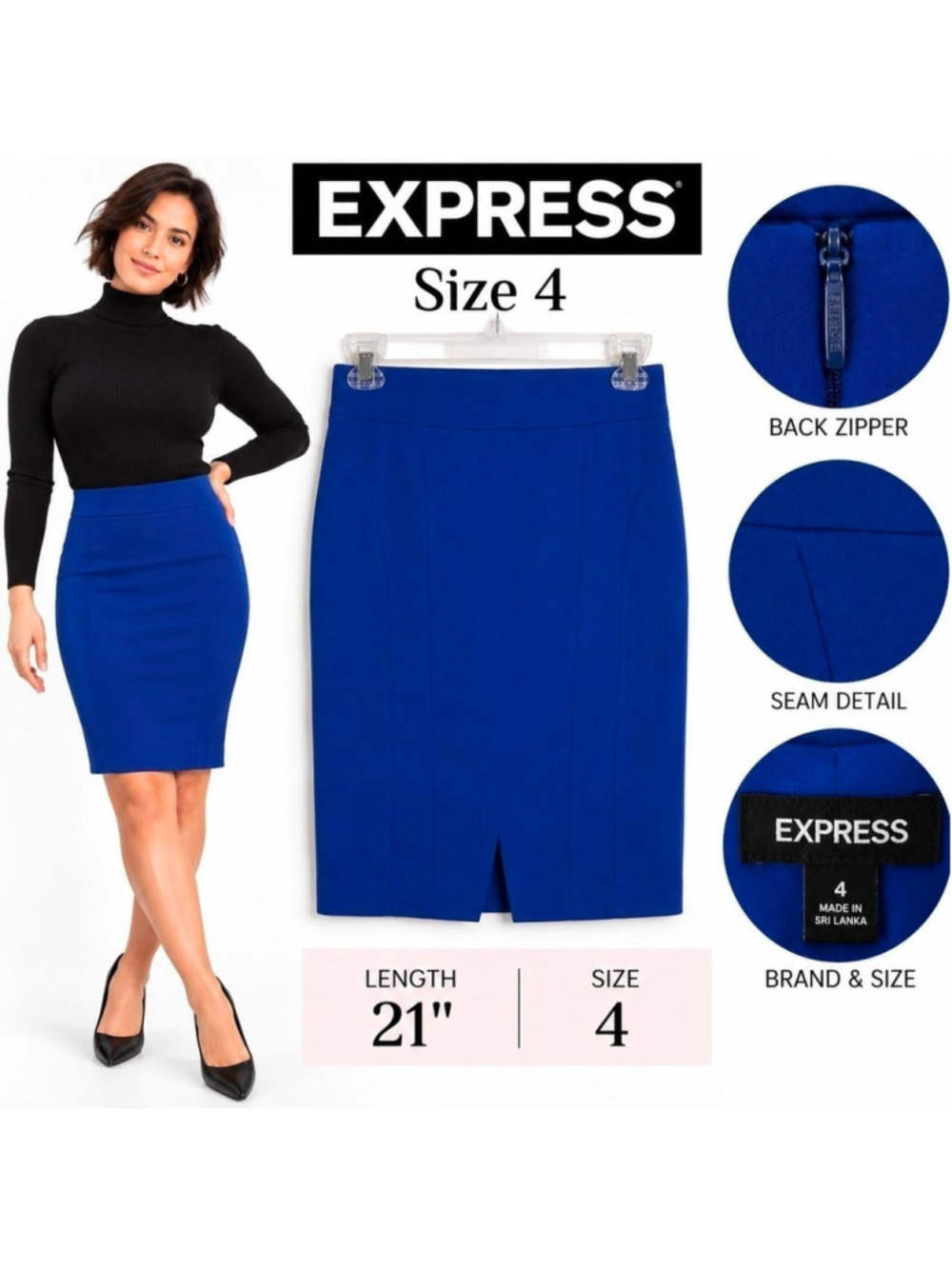 Express Size 4 Cobalt Blue Pencil Skirt Lined Career Office Midi